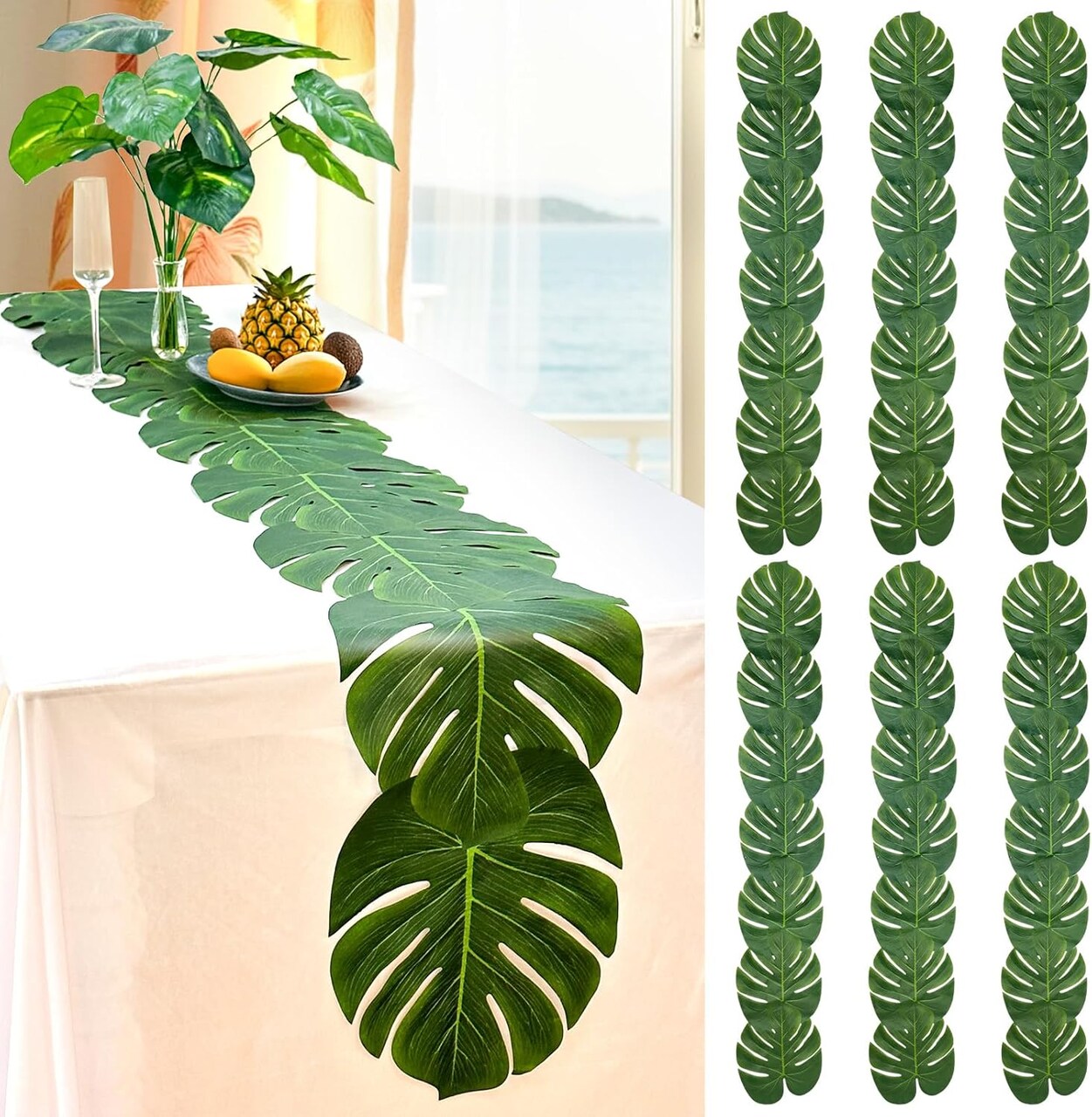 6Pcs Artificial Palm Leaves Green Table Runner, Summer Tropical Leaf Table Runners 72 inches Long for Wedding Moana Jungle Safari Tropical Hawaiian Luau Party Decorations